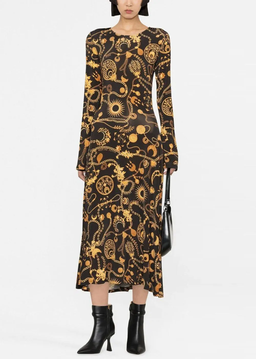 Black & Gold Graphic-Print Drawstring Dress