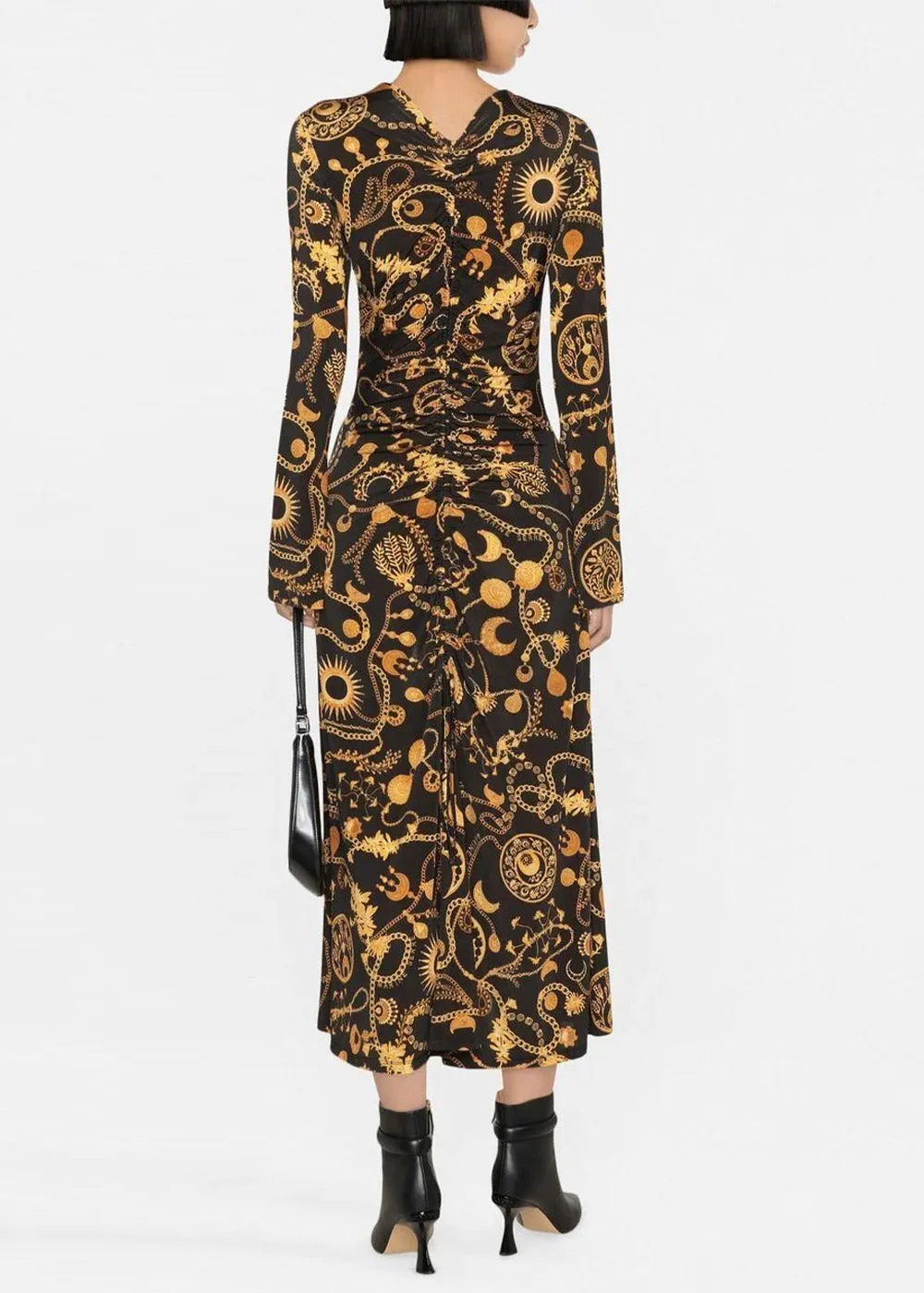 Black & Gold Graphic-Print Drawstring Dress