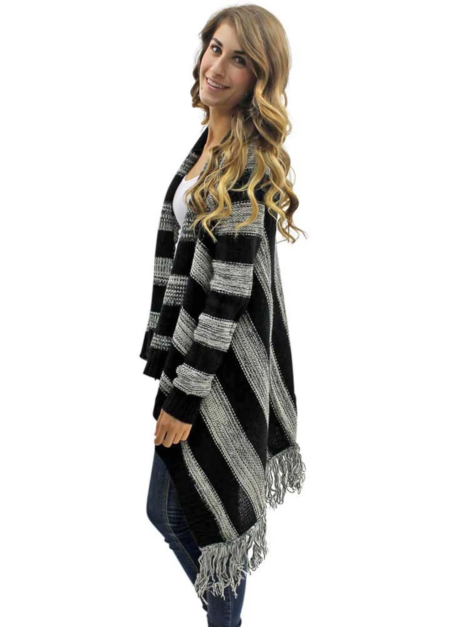 Black & Gray Stripe Fringed Sweater Jacket