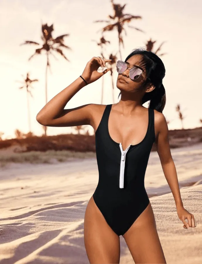 BLACK & WHITE ZIP SWIMSUIT