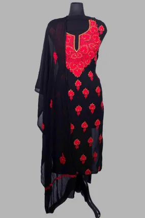 Black Colour Aari Work Kurti With Golden Thread Embroidery Along With Embroidered Dupatta