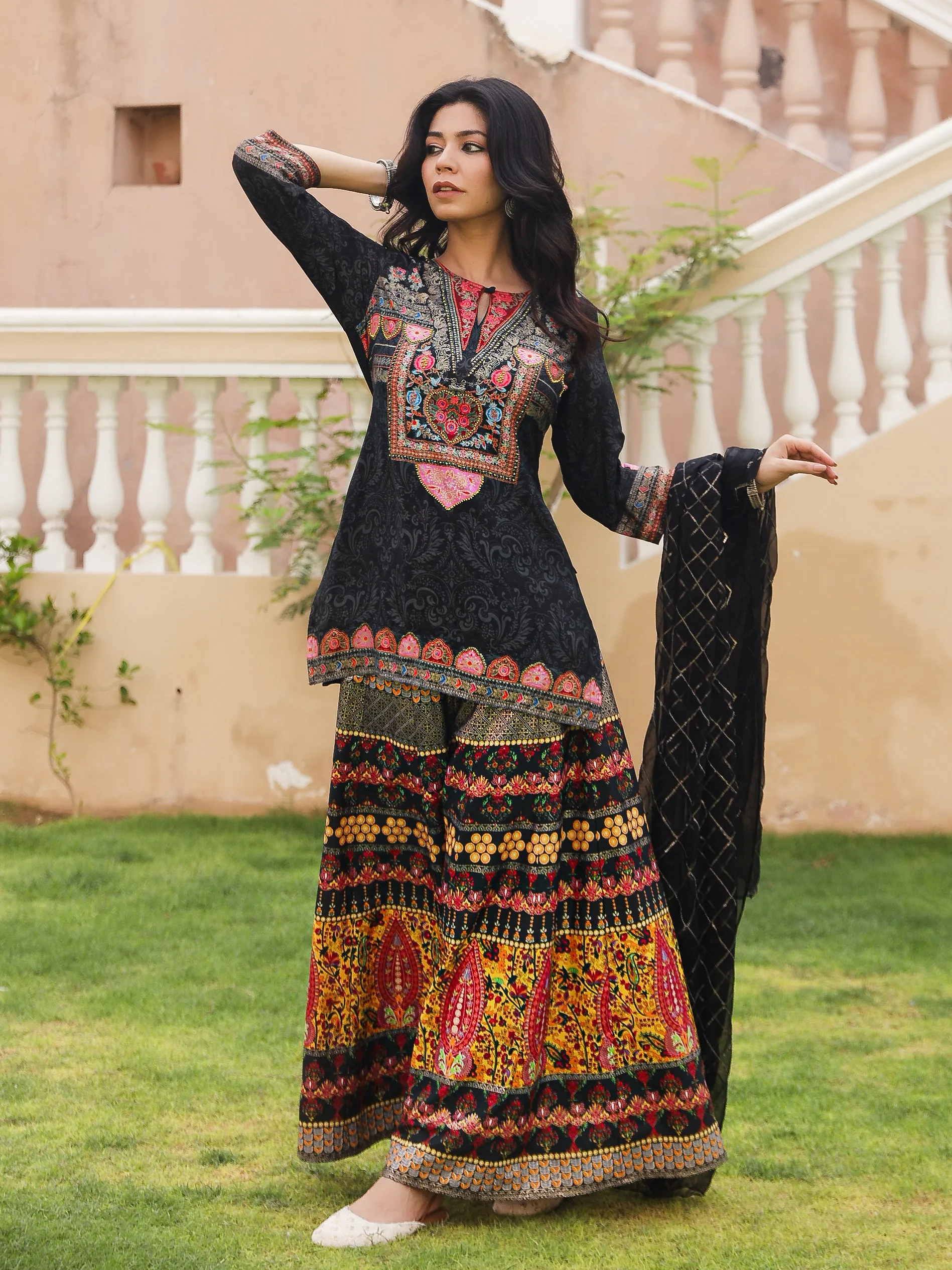 Black Ethnic Motif Printed Viscose Tunic Sharara & Dupatta Set With Sequins Thread Work