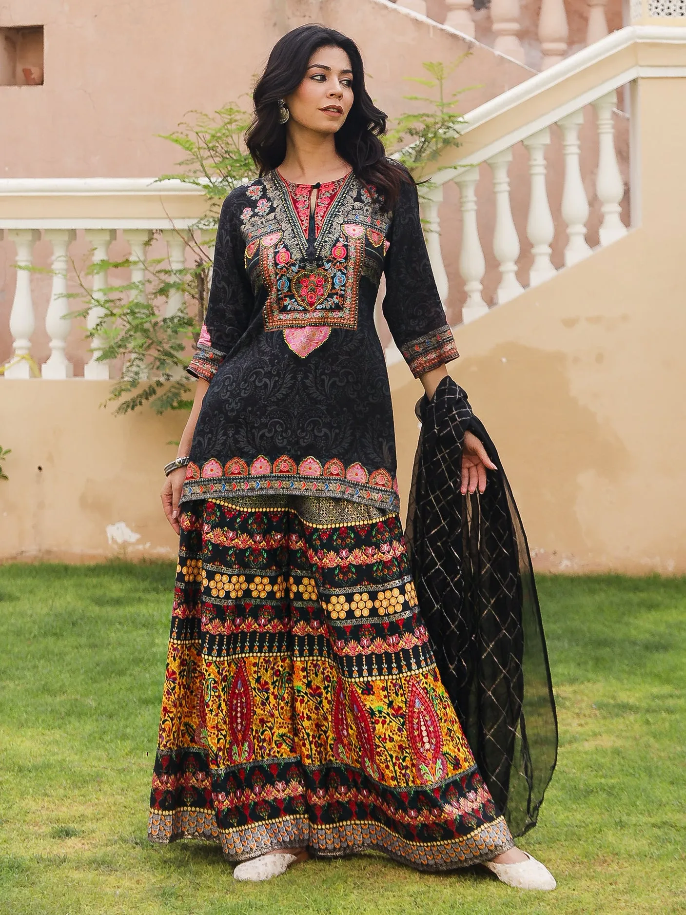 Black Ethnic Motif Printed Viscose Tunic Sharara & Dupatta Set With Sequins Thread Work