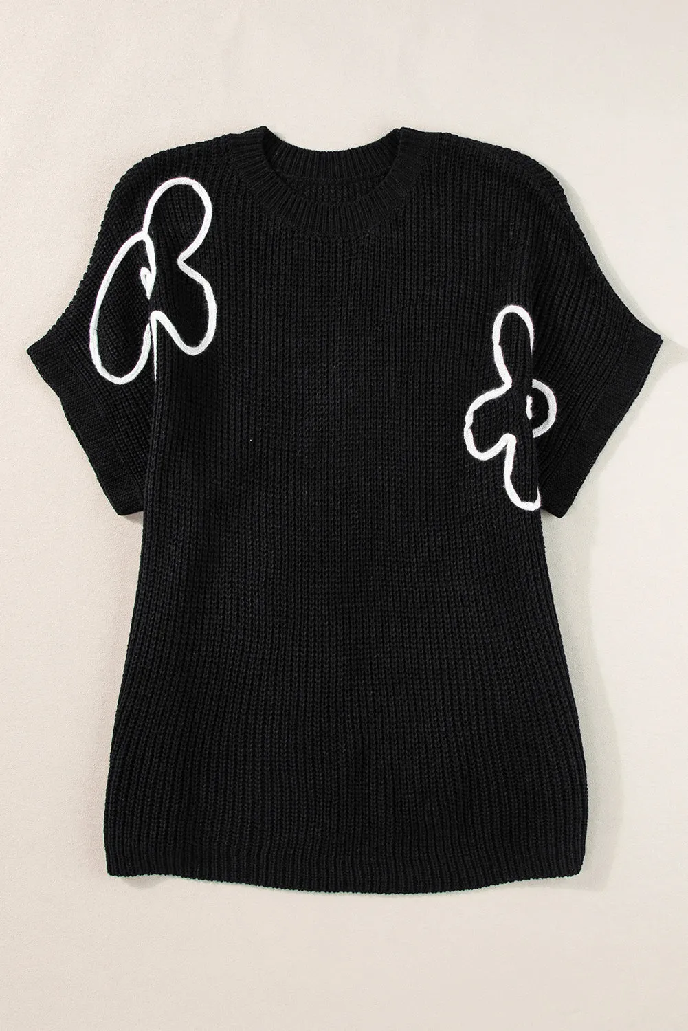 Black Flower Embroidery Sweater Tee