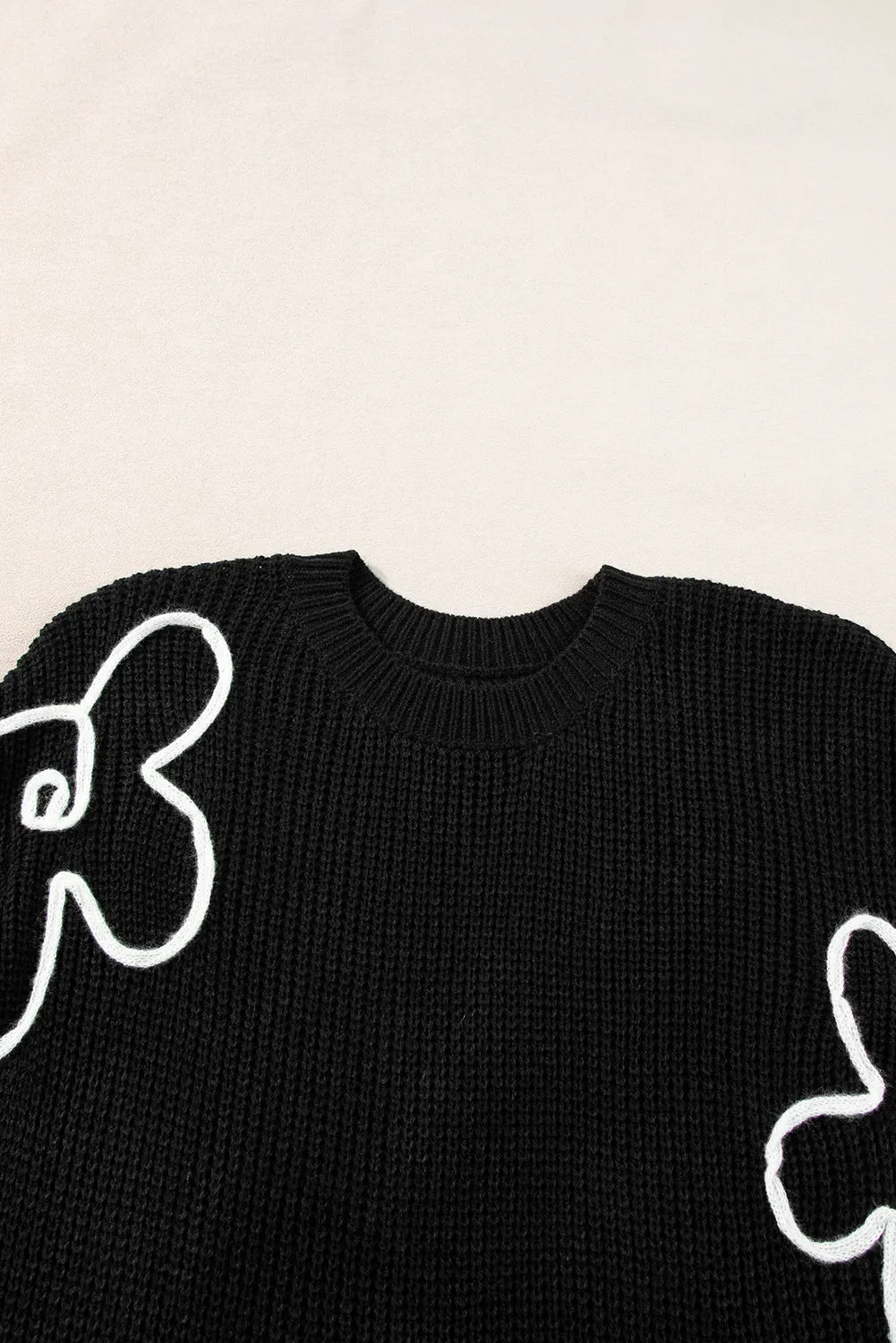 Black Flower Embroidery Sweater Tee