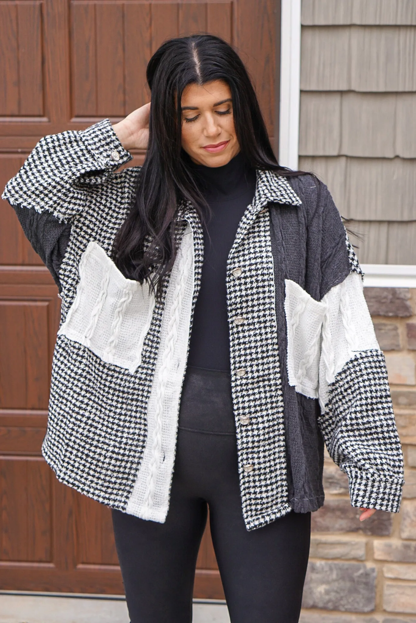 Black Houndstooth Colorblock Sweater Shacket