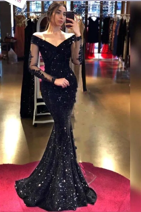 Black Off Shoulder Bright Sequins Mermaid Evening Gown Prom Dress,DP336