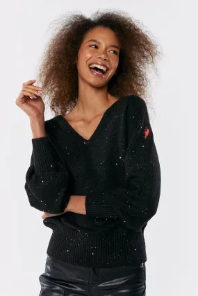 Black Sparkle V-Neck Knitted Jumper