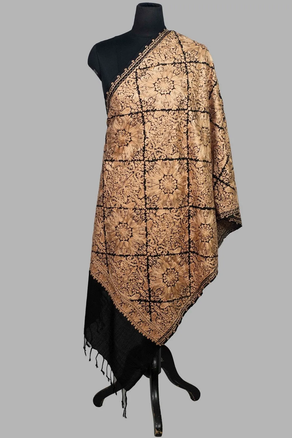 Black Stole With Graceful Dense Jaal Pattern Of Kashmiri Embroidery Makes It An Ideal Wear.