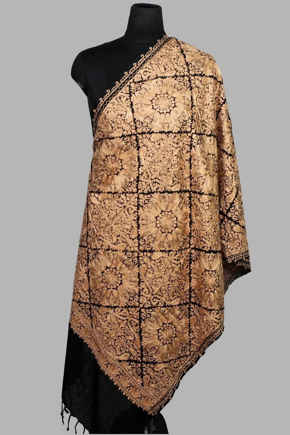 Black Stole With Graceful Dense Jaal Pattern Of Kashmiri Embroidery Makes It An Ideal Wear.