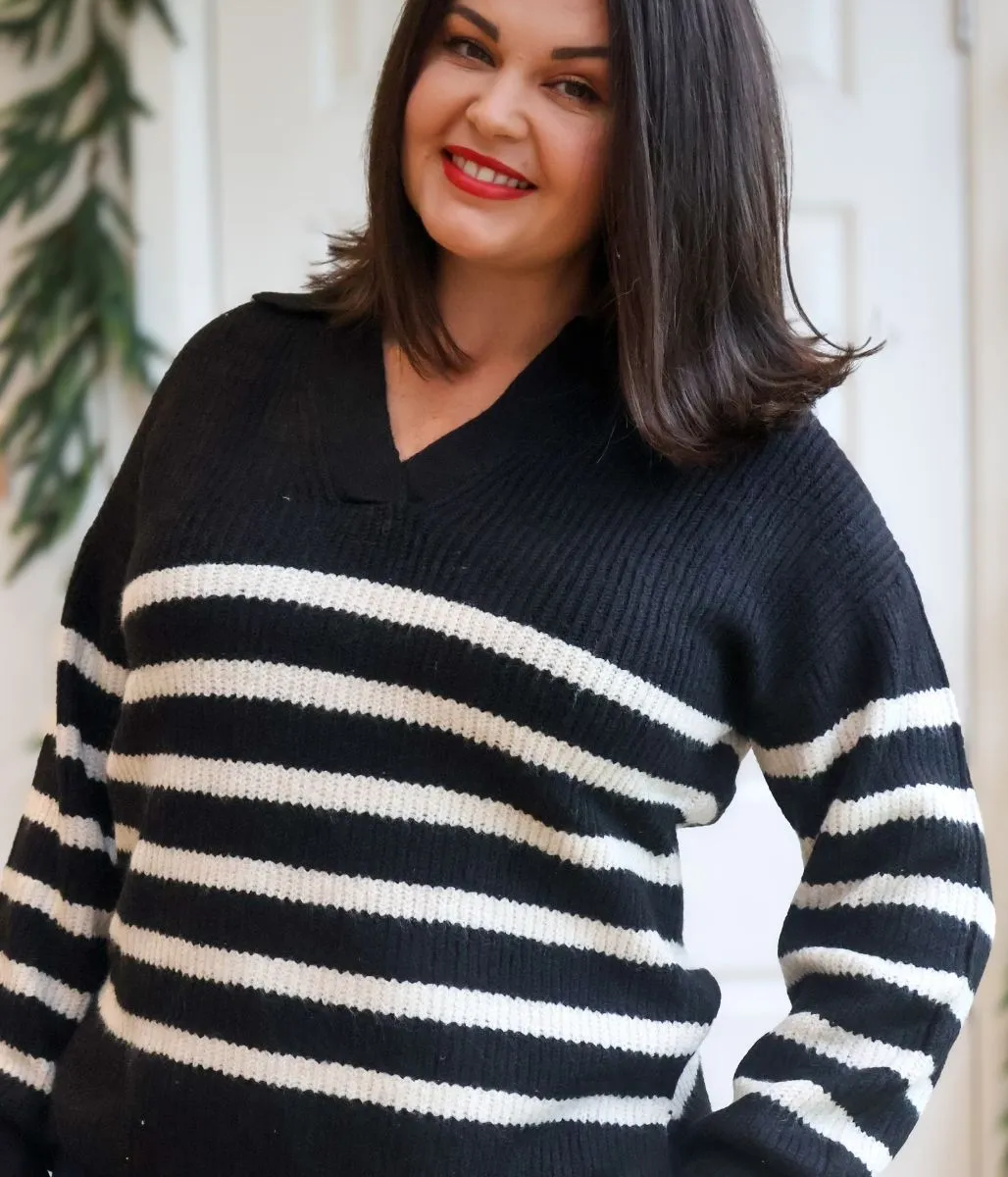 Black Striped Notch Neck Collared Jumper