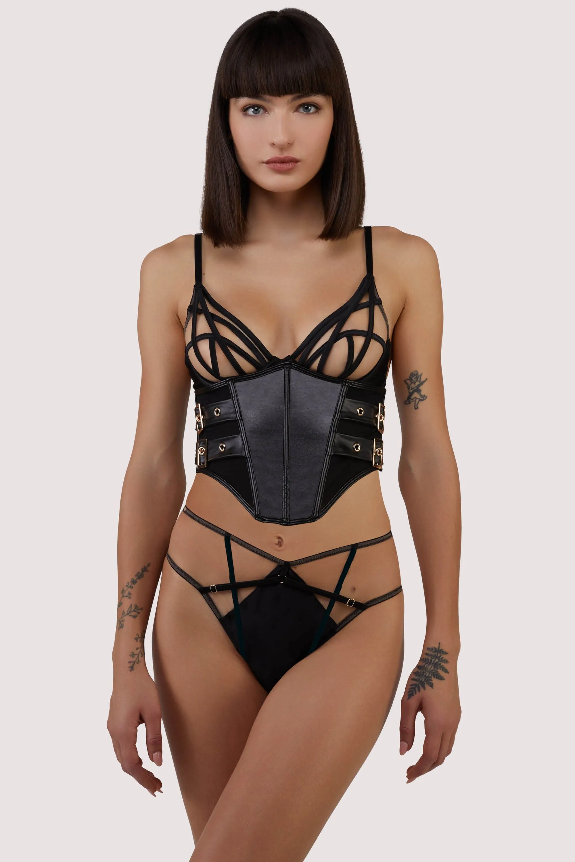 Black Vegan Leather Belted Underbust Corset