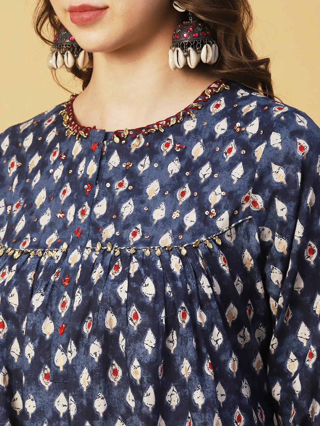 Block & Khari Printed Sequins & Leaf Tikki Embroidered Kurta With Pants - Indigo Blue