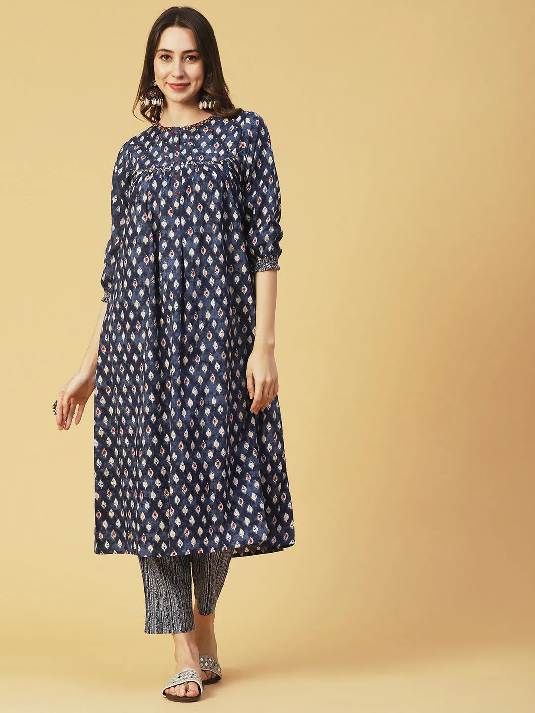 Block & Khari Printed Sequins & Leaf Tikki Embroidered Kurta With Pants - Indigo Blue