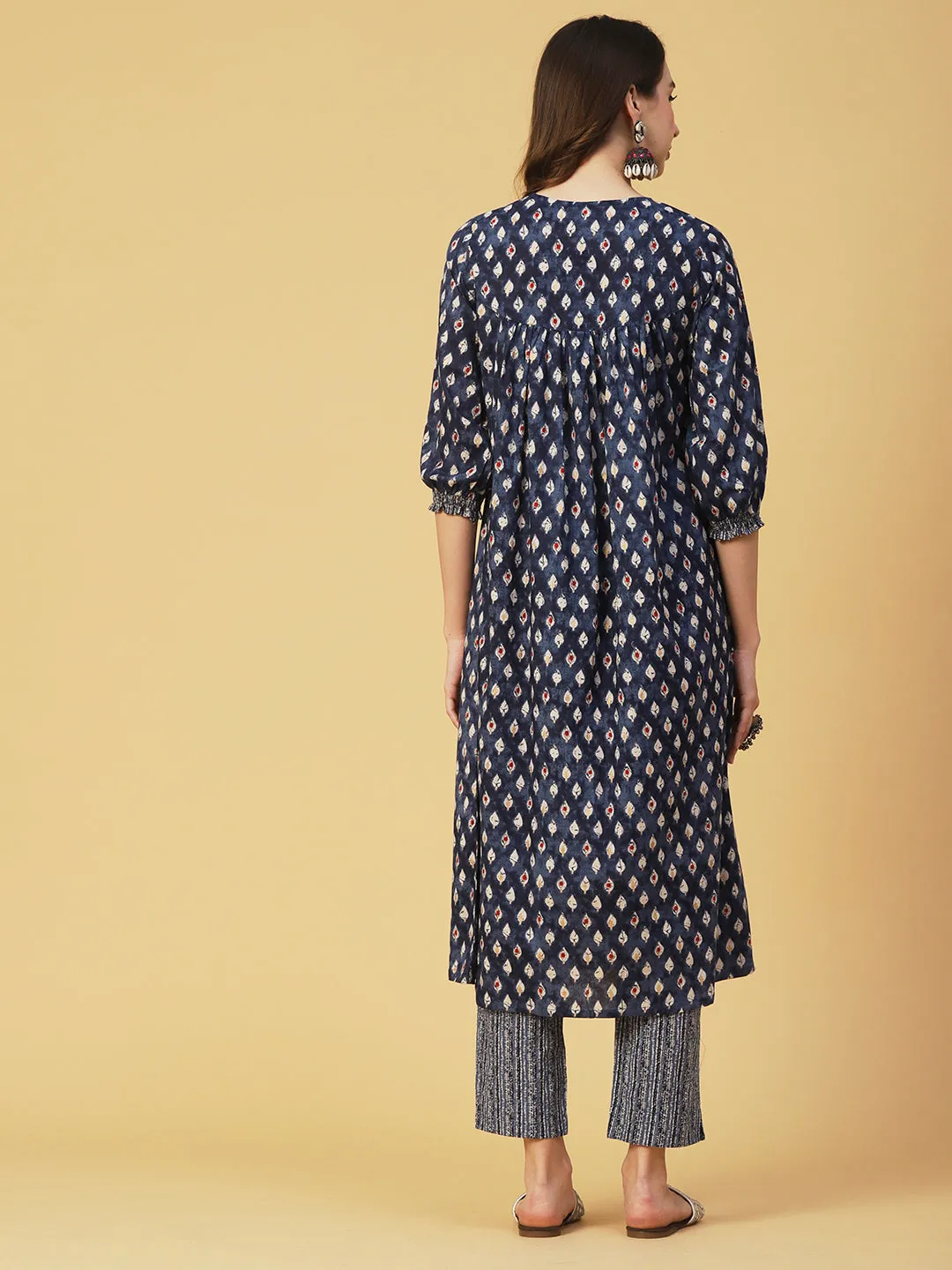 Block & Khari Printed Sequins & Leaf Tikki Embroidered Kurta With Pants - Indigo Blue