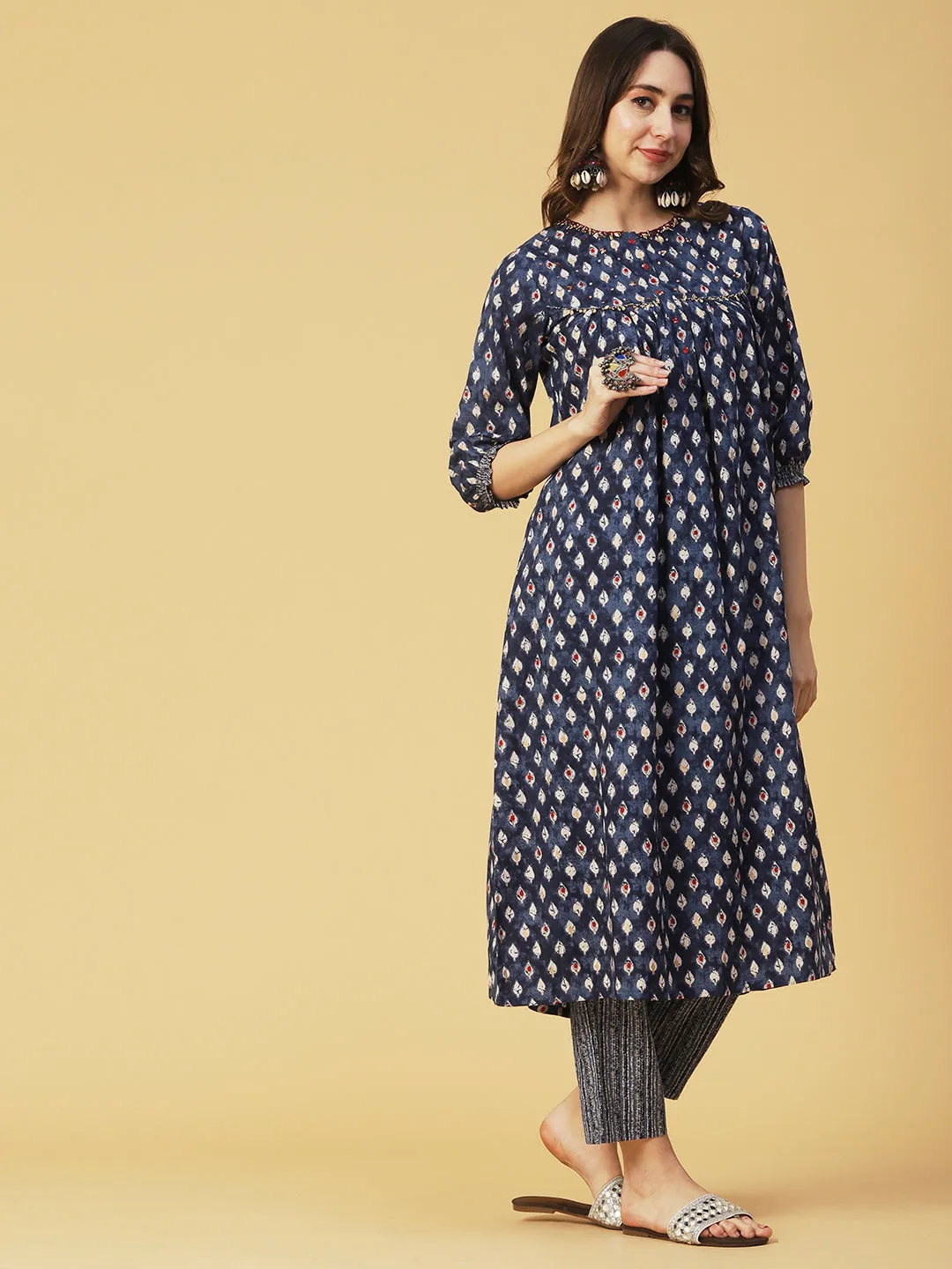 Block & Khari Printed Sequins & Leaf Tikki Embroidered Kurta With Pants - Indigo Blue