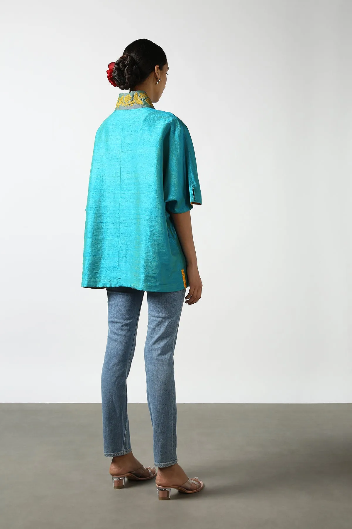 Blue Raw Silk Hand Embroidered Short Phiran Top