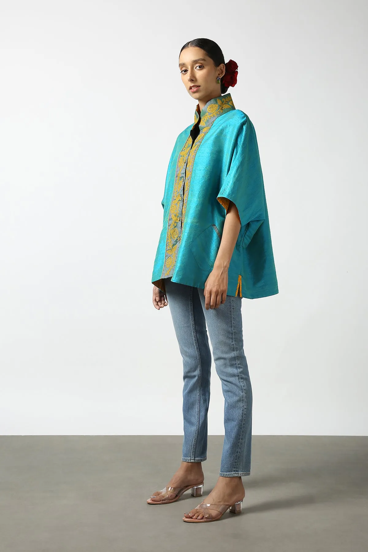 Blue Raw Silk Hand Embroidered Short Phiran Top