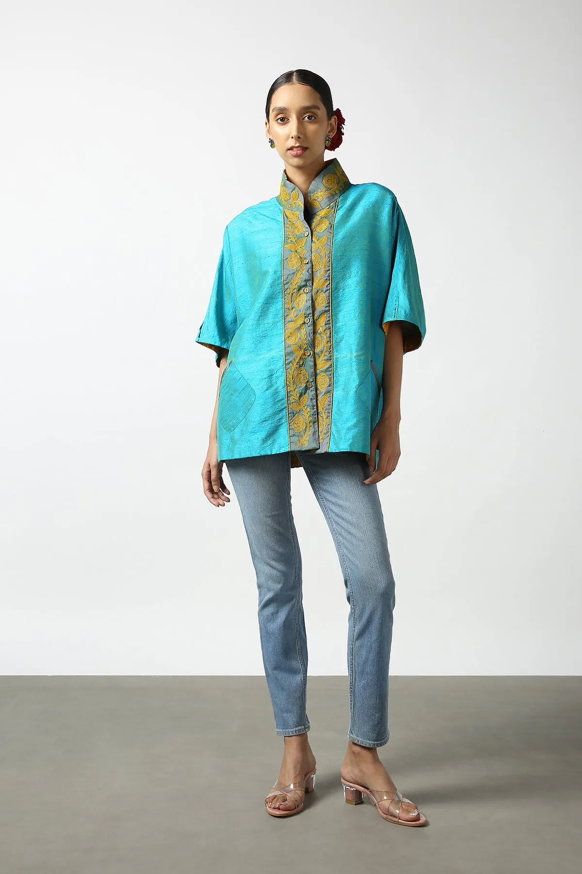 Blue Raw Silk Hand Embroidered Short Phiran Top