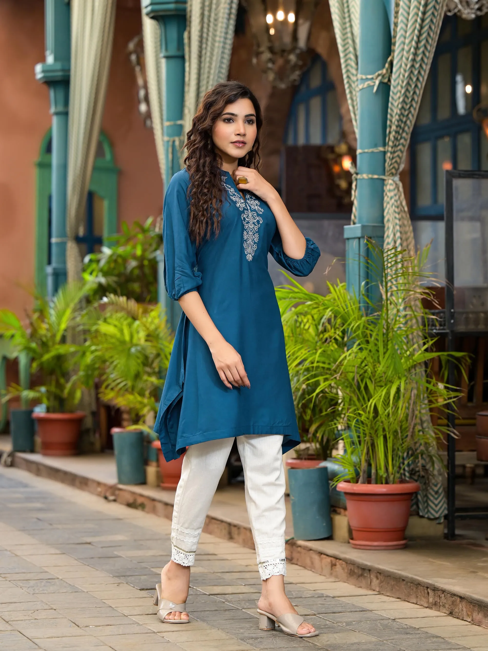 Blue Thread Embroidered Liva Rayon Tunic With Sequins