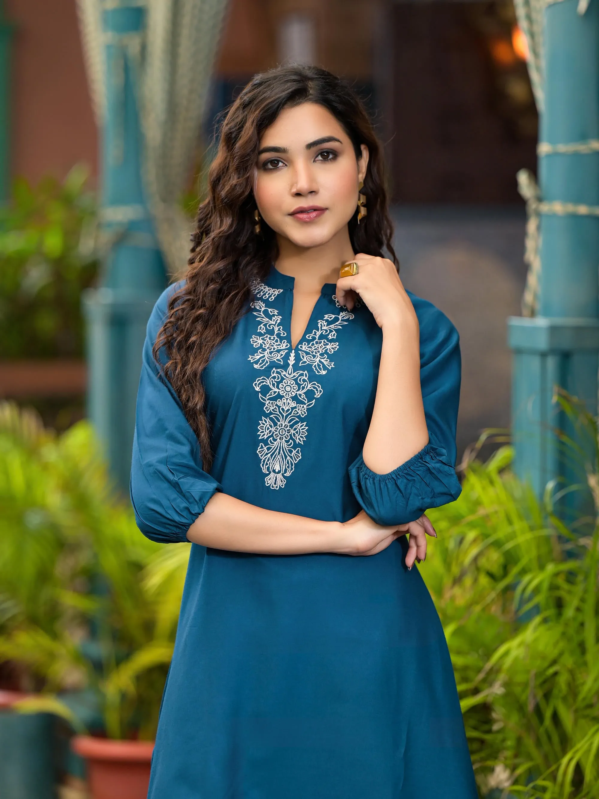 Blue Thread Embroidered Liva Rayon Tunic With Sequins