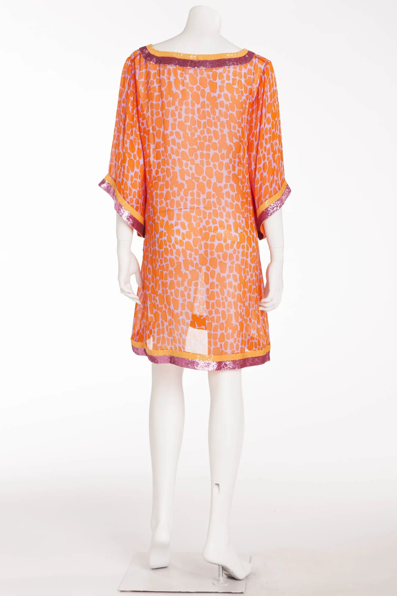 Blumarine - Orange Leopard Chiffon Short Sleeve Dress with Hot Pink Sequin Trim