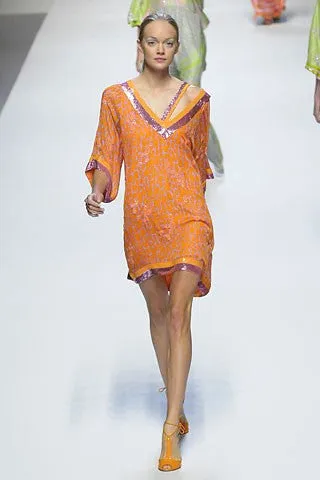 Blumarine - Orange Leopard Chiffon Short Sleeve Dress with Hot Pink Sequin Trim