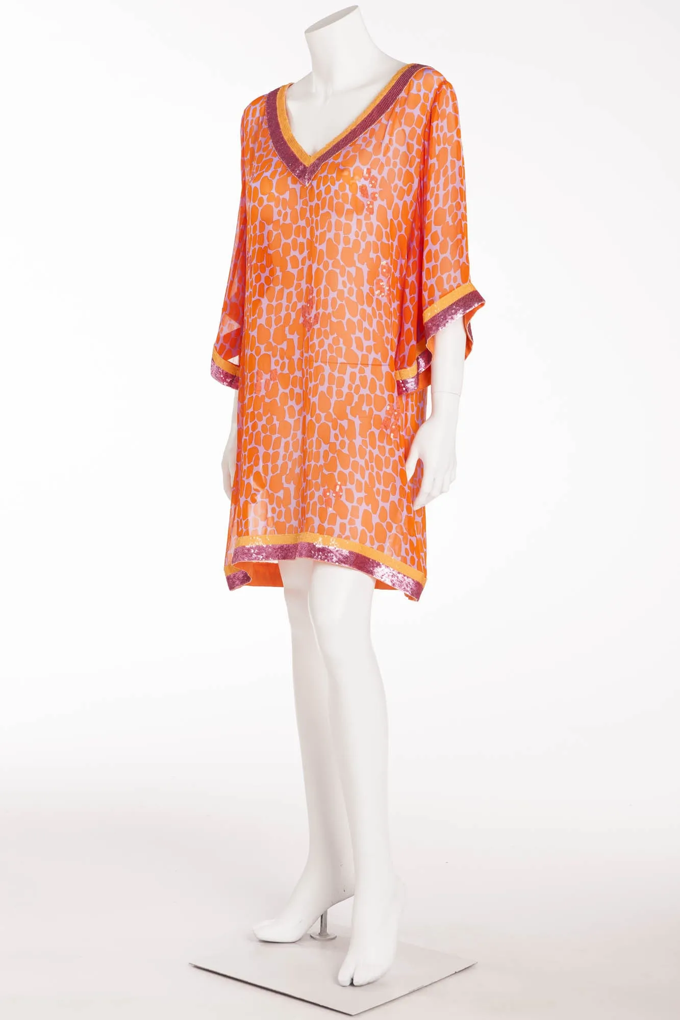 Blumarine - Orange Leopard Chiffon Short Sleeve Dress with Hot Pink Sequin Trim