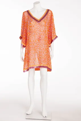 Blumarine - Orange Leopard Chiffon Short Sleeve Dress with Hot Pink Sequin Trim