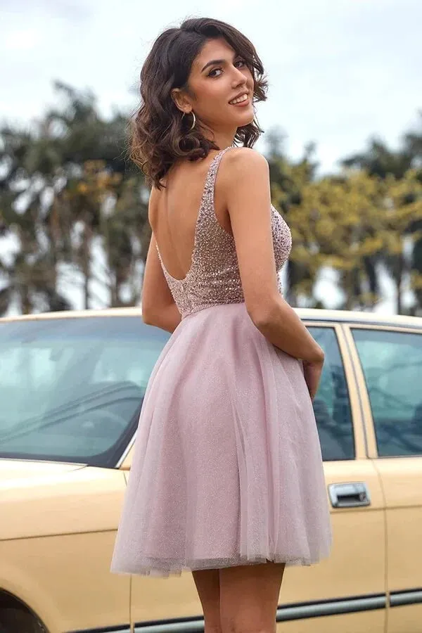 Blush Pink Sequins A-line Open Back Homecoming Dress, Short Prom Dresses, SH594