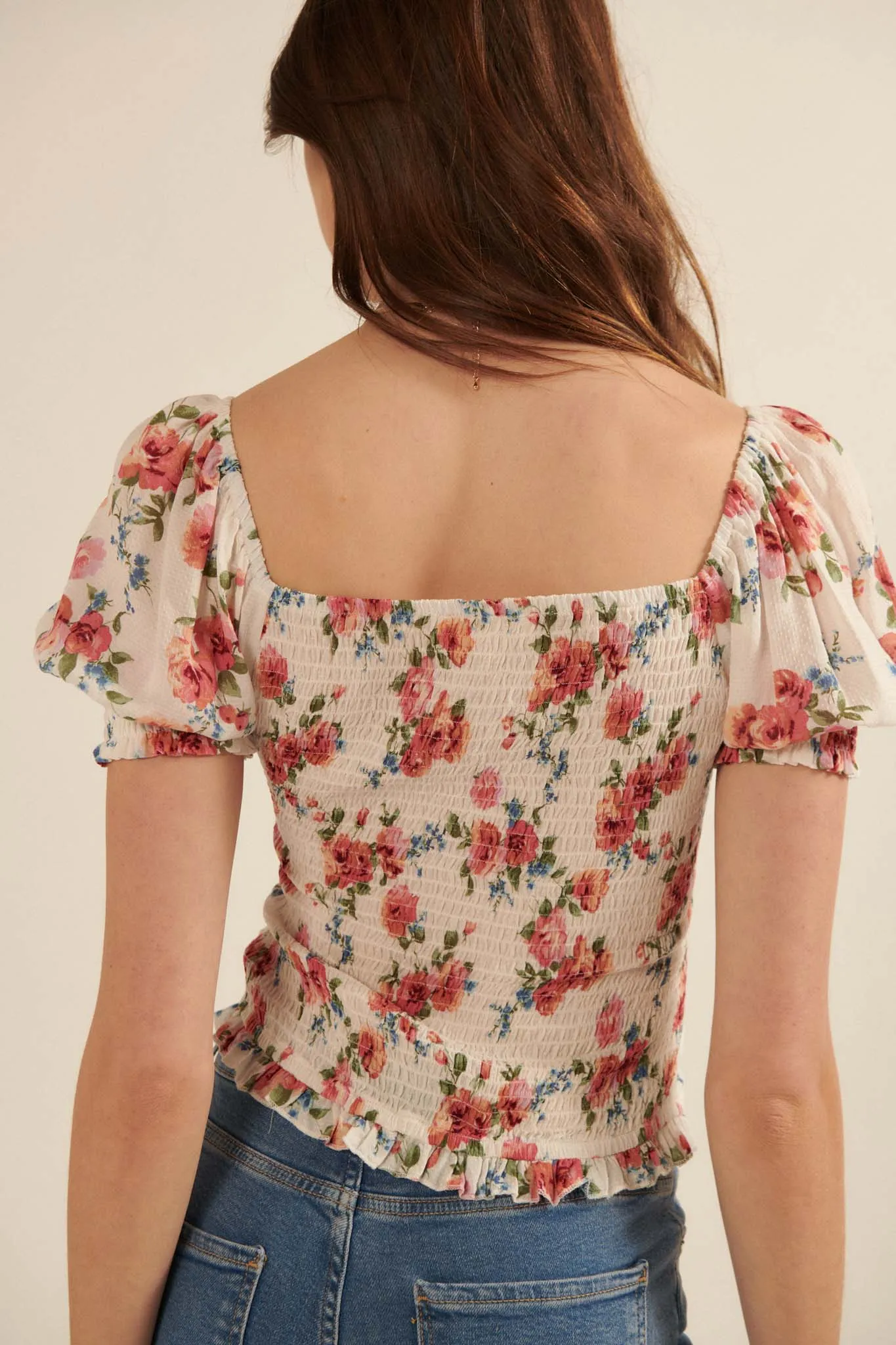 Blushing Roses Ruched Floral Puff-Sleeve Top