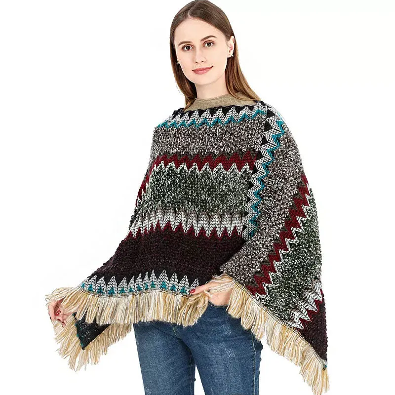 Boho Fringe Chevron Striped Pattern Pullover Poncho Sweater