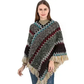 Boho Fringe Chevron Striped Pattern Pullover Poncho Sweater