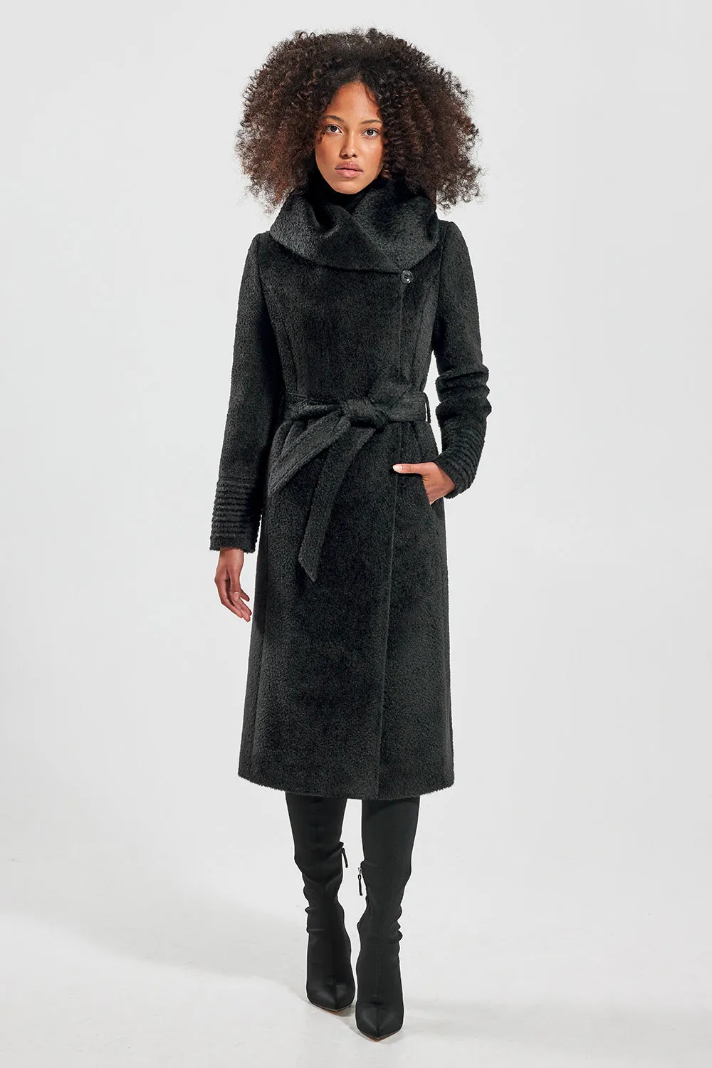 Bouclé Alpaca Long Hooded Wrap Coat