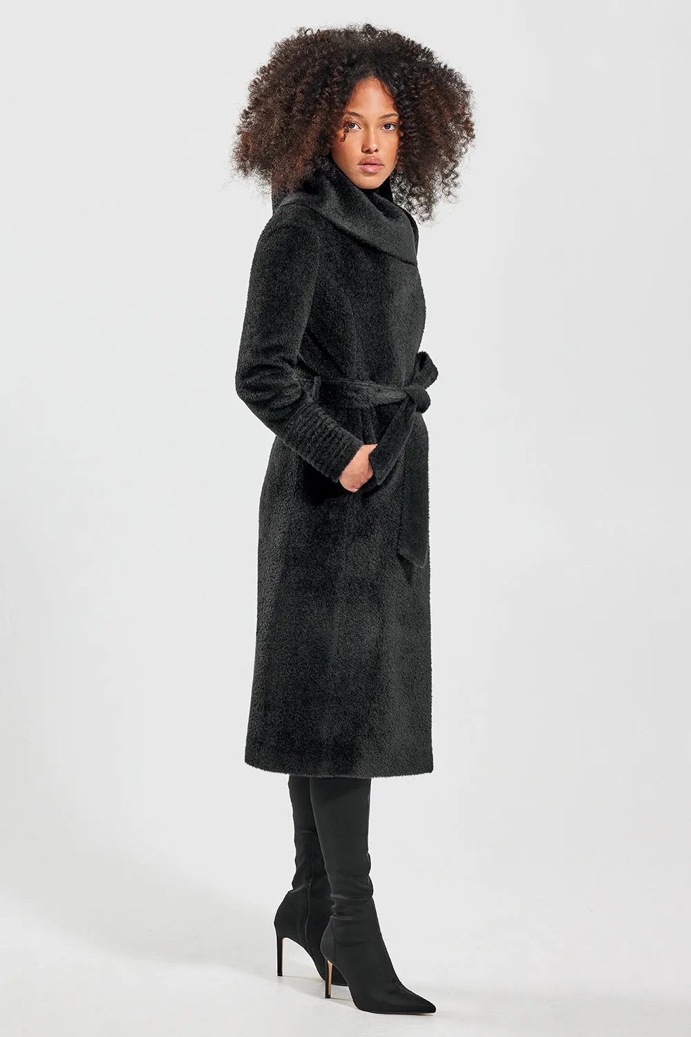 Bouclé Alpaca Long Hooded Wrap Coat