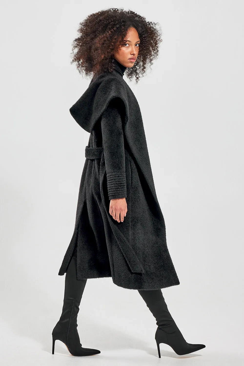 Bouclé Alpaca Long Hooded Wrap Coat