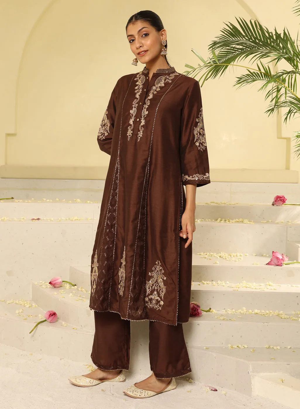 Brown Embroidered Sequins Work Kurta Set