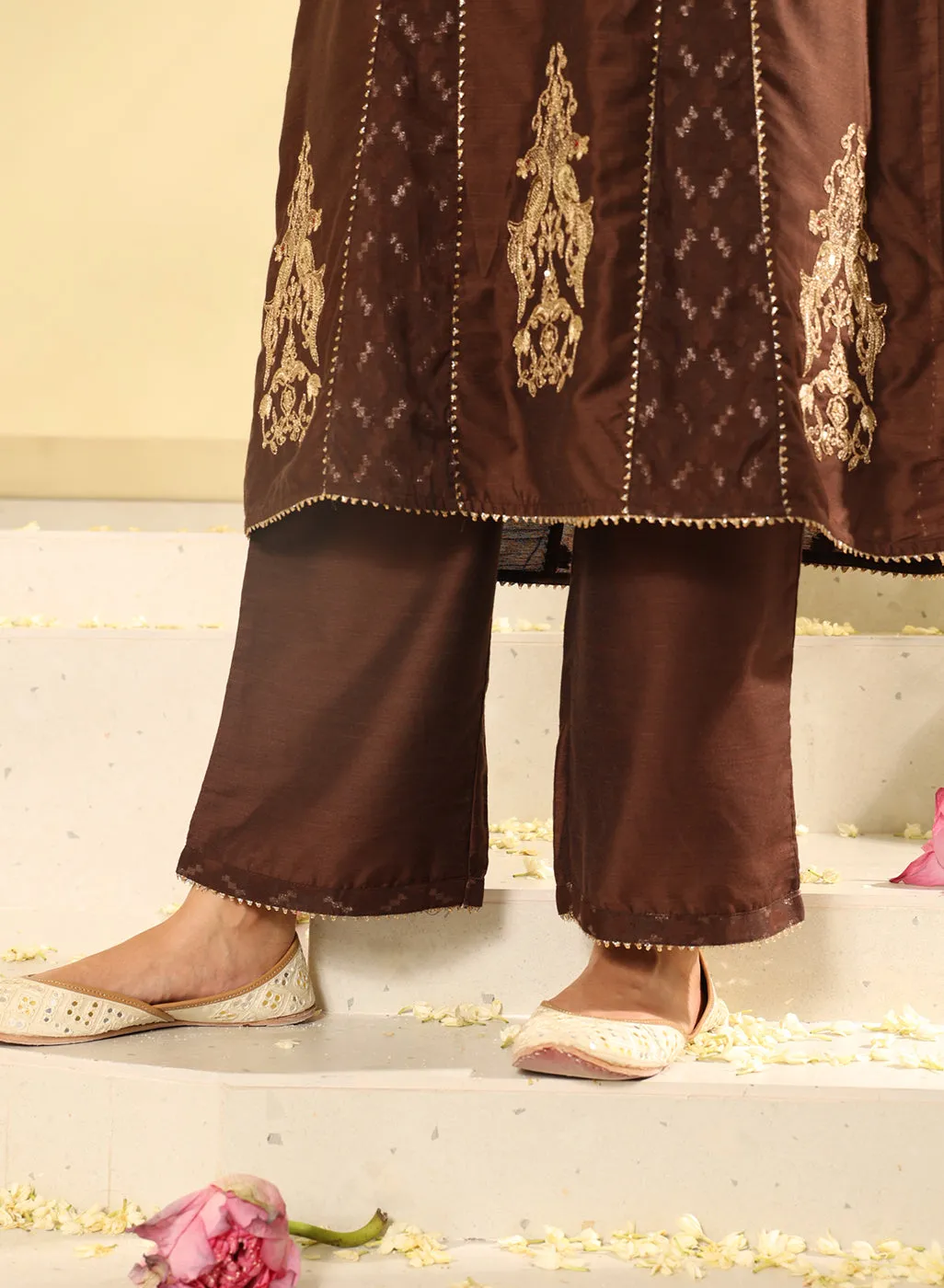 Brown Embroidered Sequins Work Kurta Set