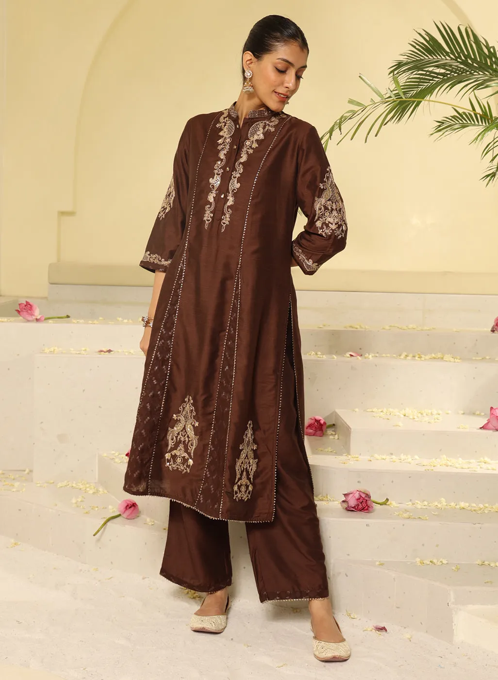 Brown Embroidered Sequins Work Kurta Set