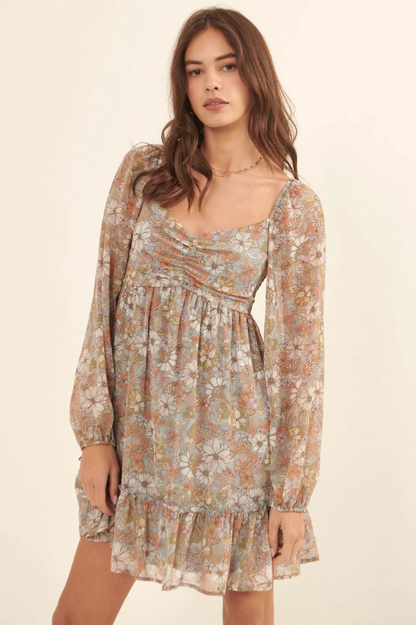 Bygone Blooms Floral Chiffon Babydoll Mini Dress