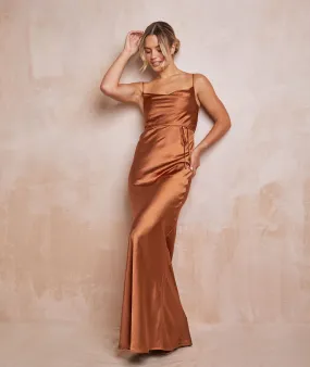 Cami Cowl Front Satin Bridesmaid Dress - Rust