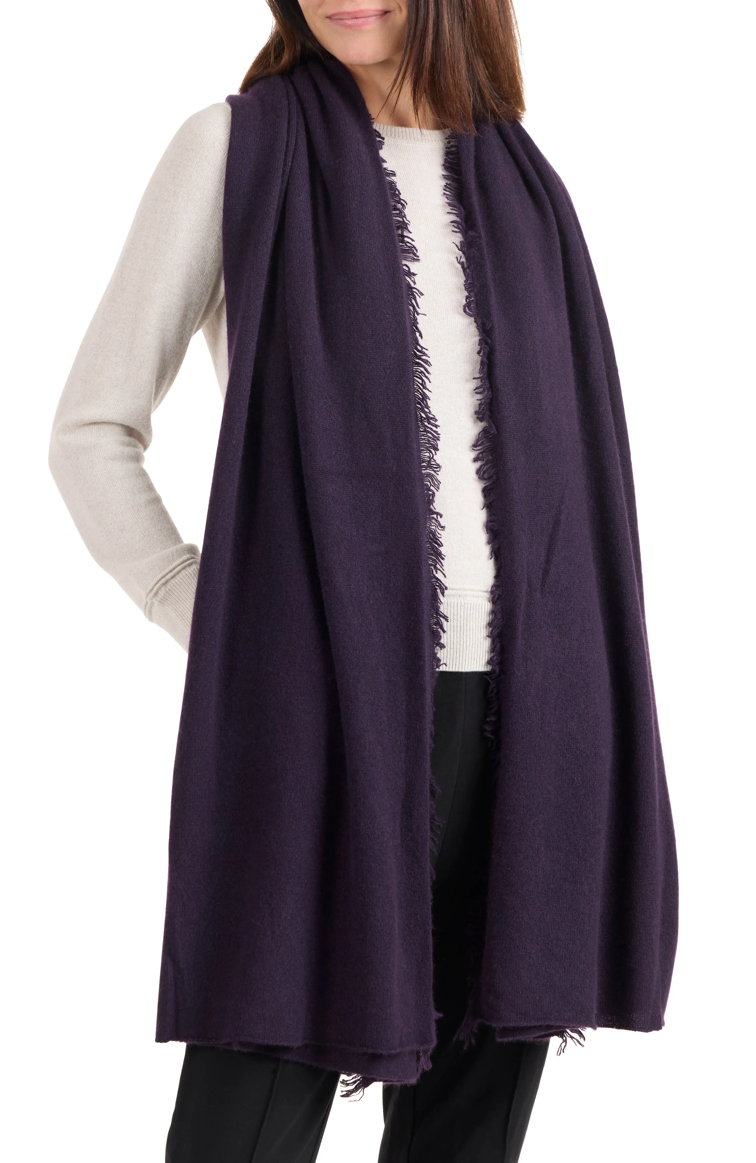 CASHMERE JERSEY WRAP WITH FRINGE