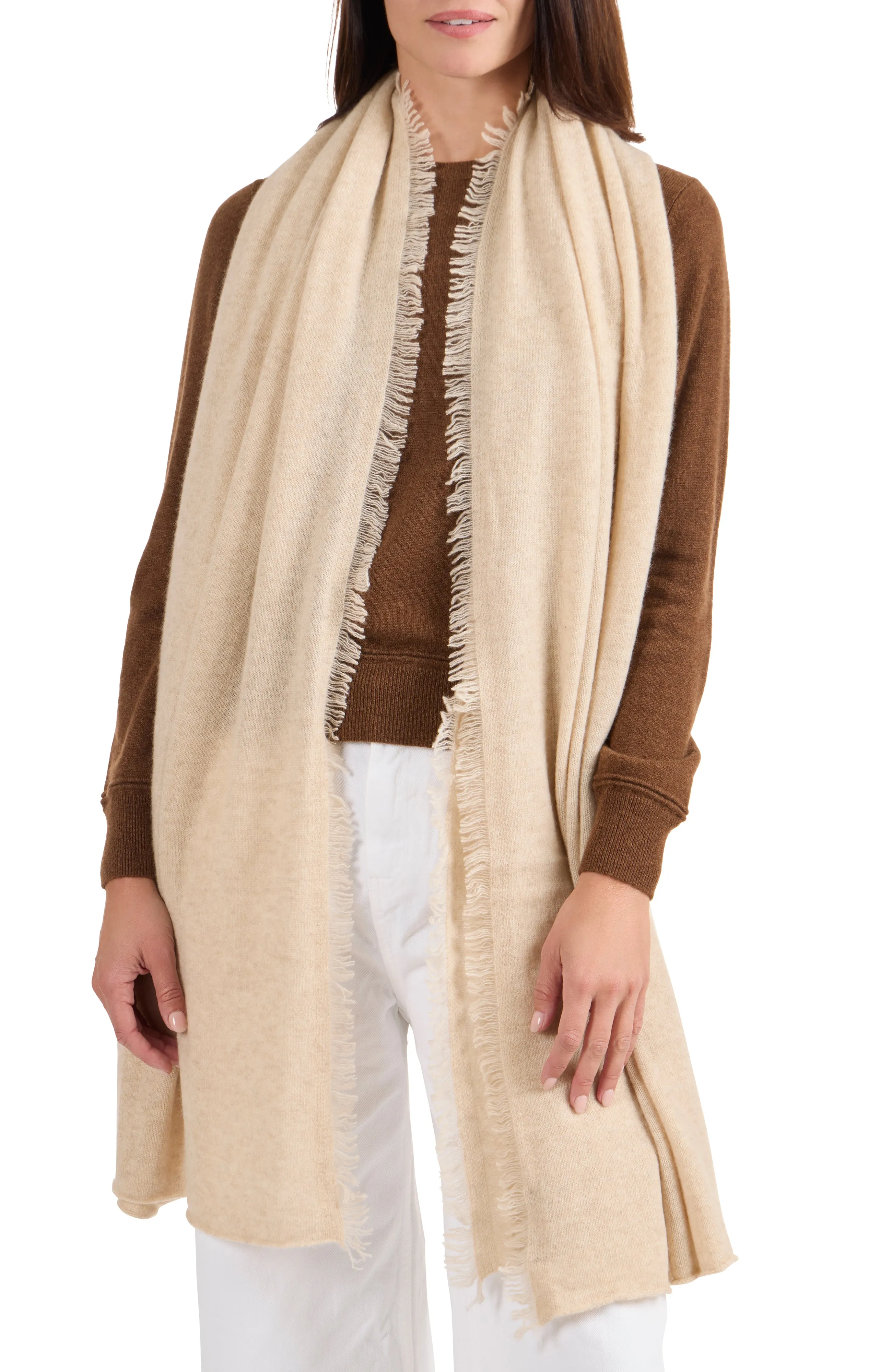 CASHMERE JERSEY WRAP WITH FRINGE