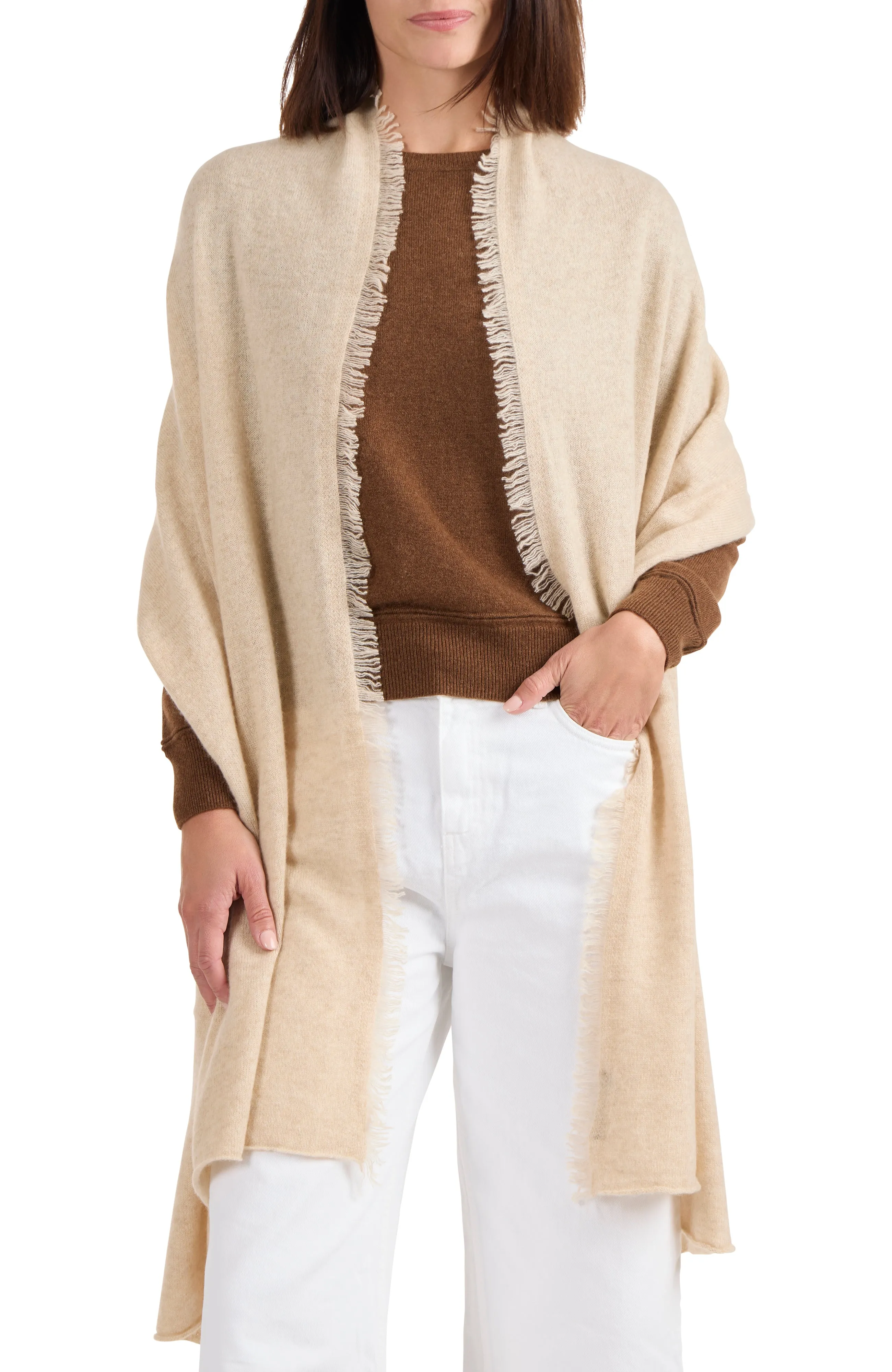 CASHMERE JERSEY WRAP WITH FRINGE