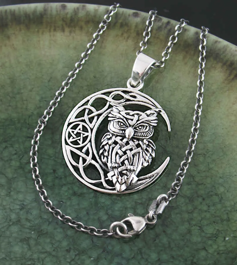 Celtic Owl With Crescent Moon, Triquetra & Pentagram Pendant