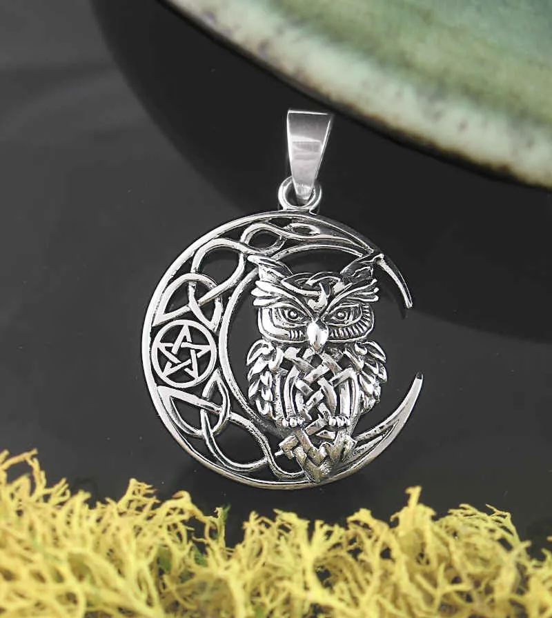 Celtic Owl With Crescent Moon, Triquetra & Pentagram Pendant