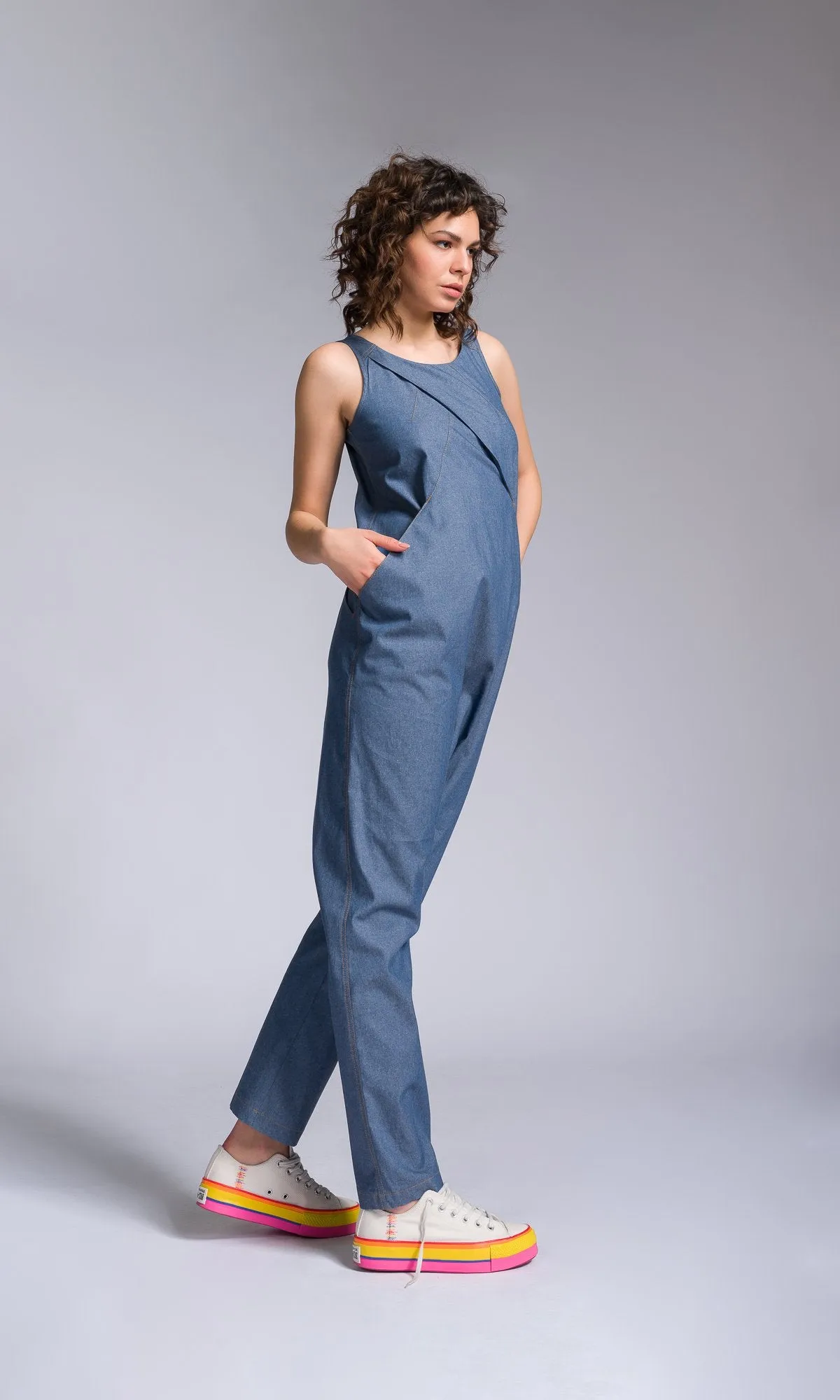 Chambray Jumpsuit with Overlap Front