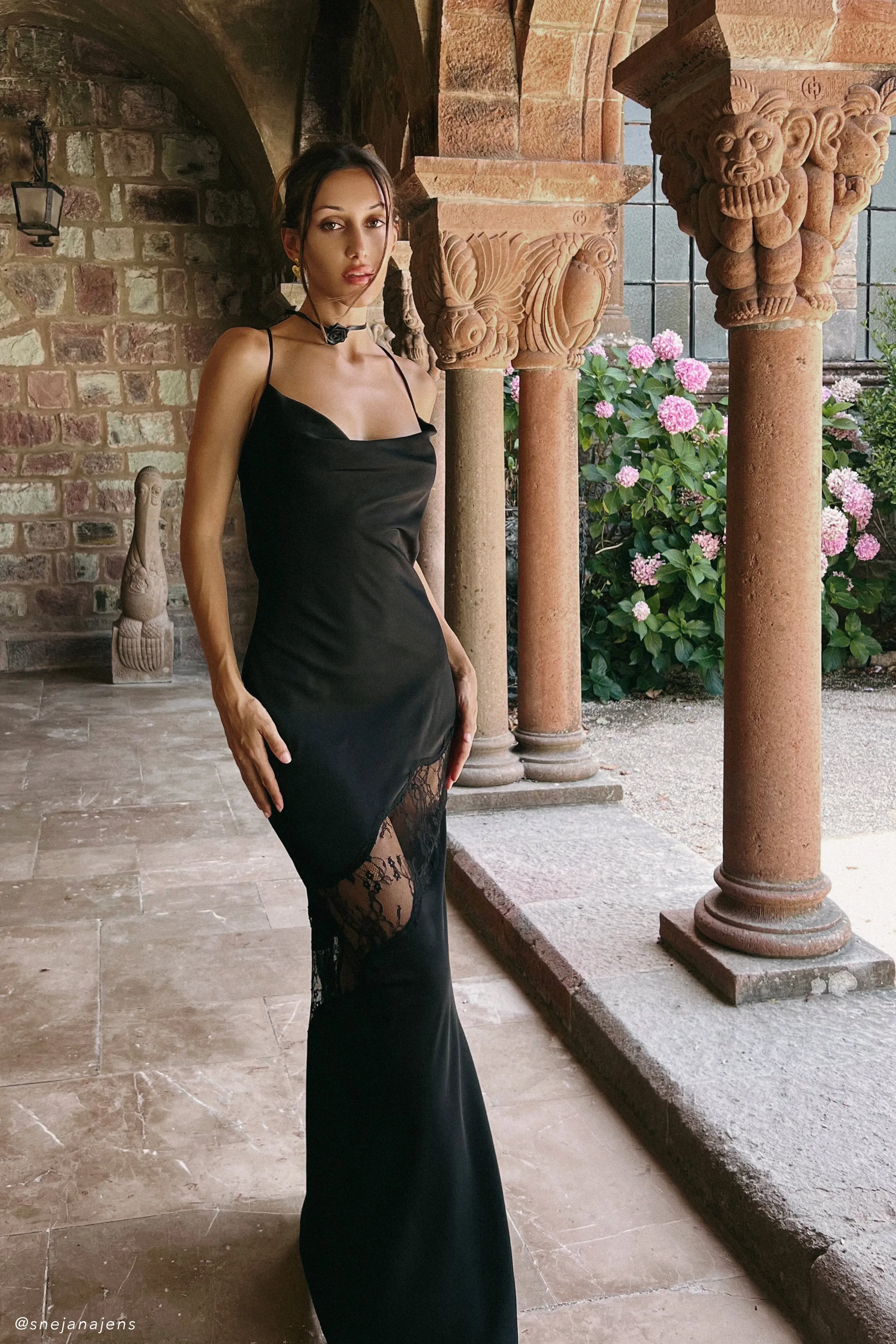 Chandra Lace Detail Satin Maxi Dress - Black