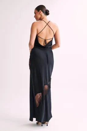 Chandra Lace Detail Satin Maxi Dress - Black