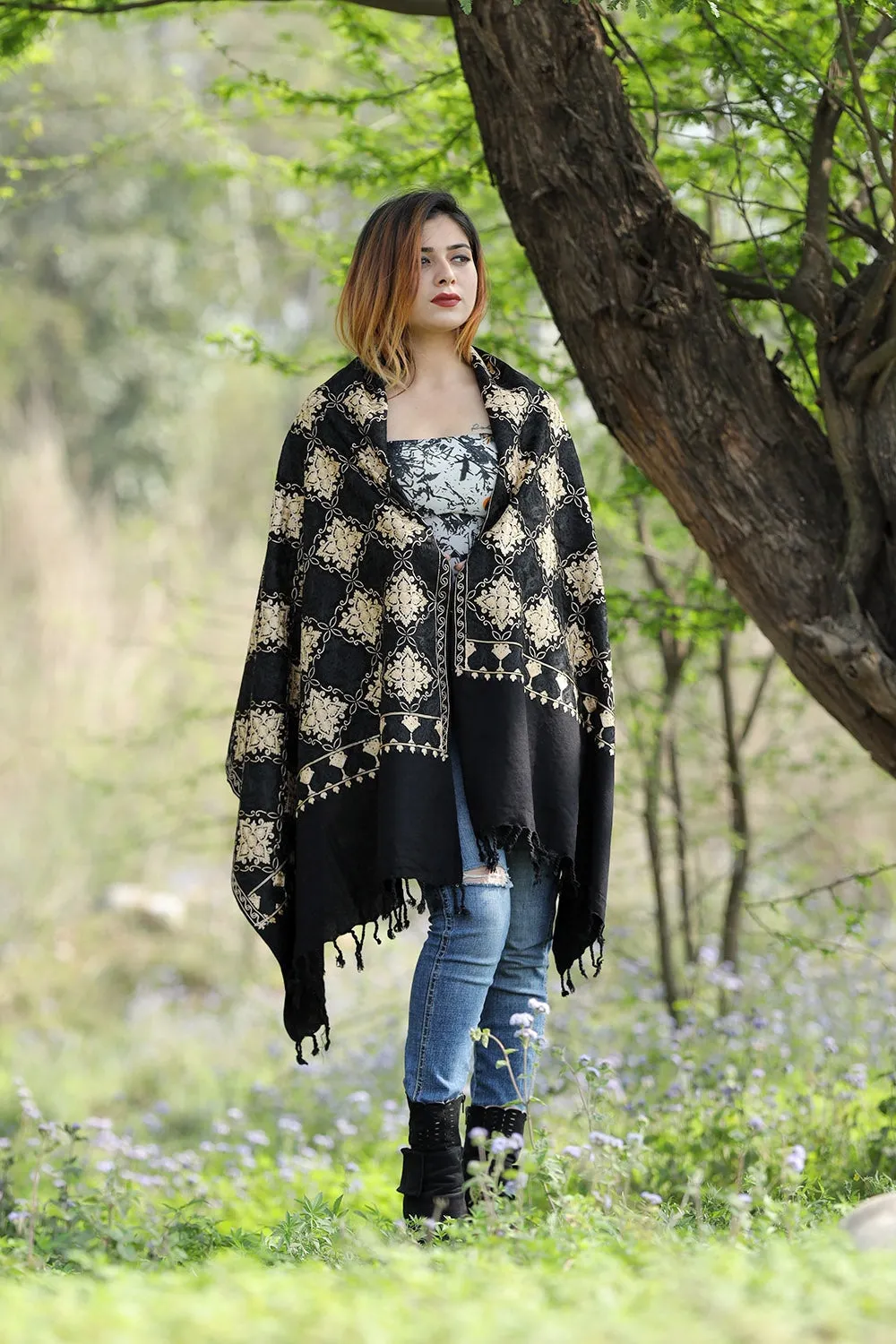 Charcoal Black Colour Stole With Graceful Dense Jaal Pattern Of Kashmiri Embroidery Makes It An Ideal Wear.